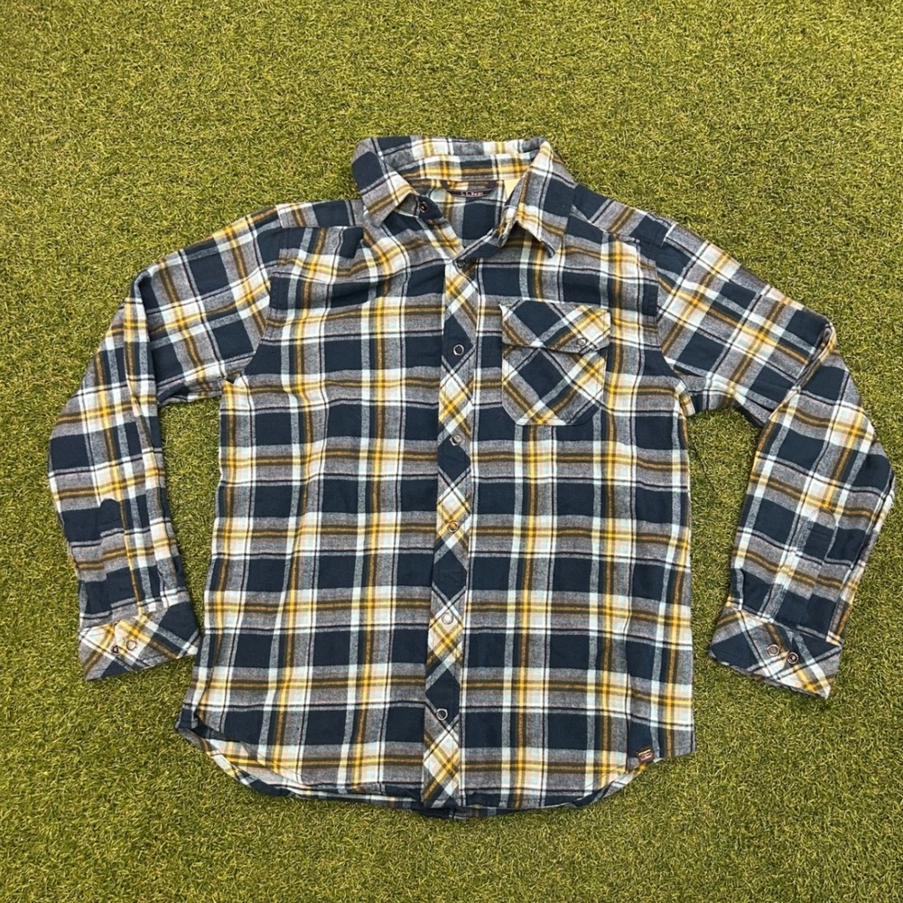 LL Bean Kids Navy Blue Yellow Plaid Flannel Shirt Size L 14-16 509321
